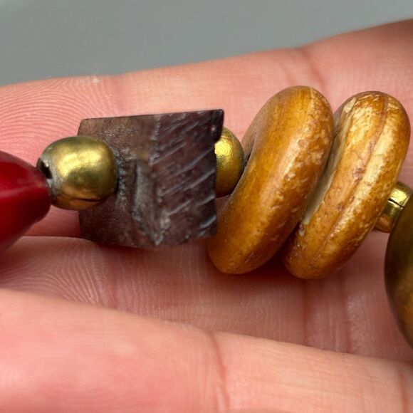 Tribal Style Statement Necklace Brass Bone Horn Wood Stone Beads 1970s Boho - Picture 12 of 16